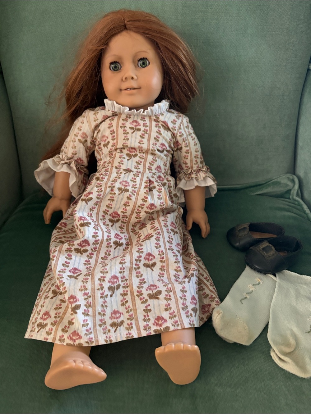 American Girl Doll with Cream Floral Dress and Brown Hair